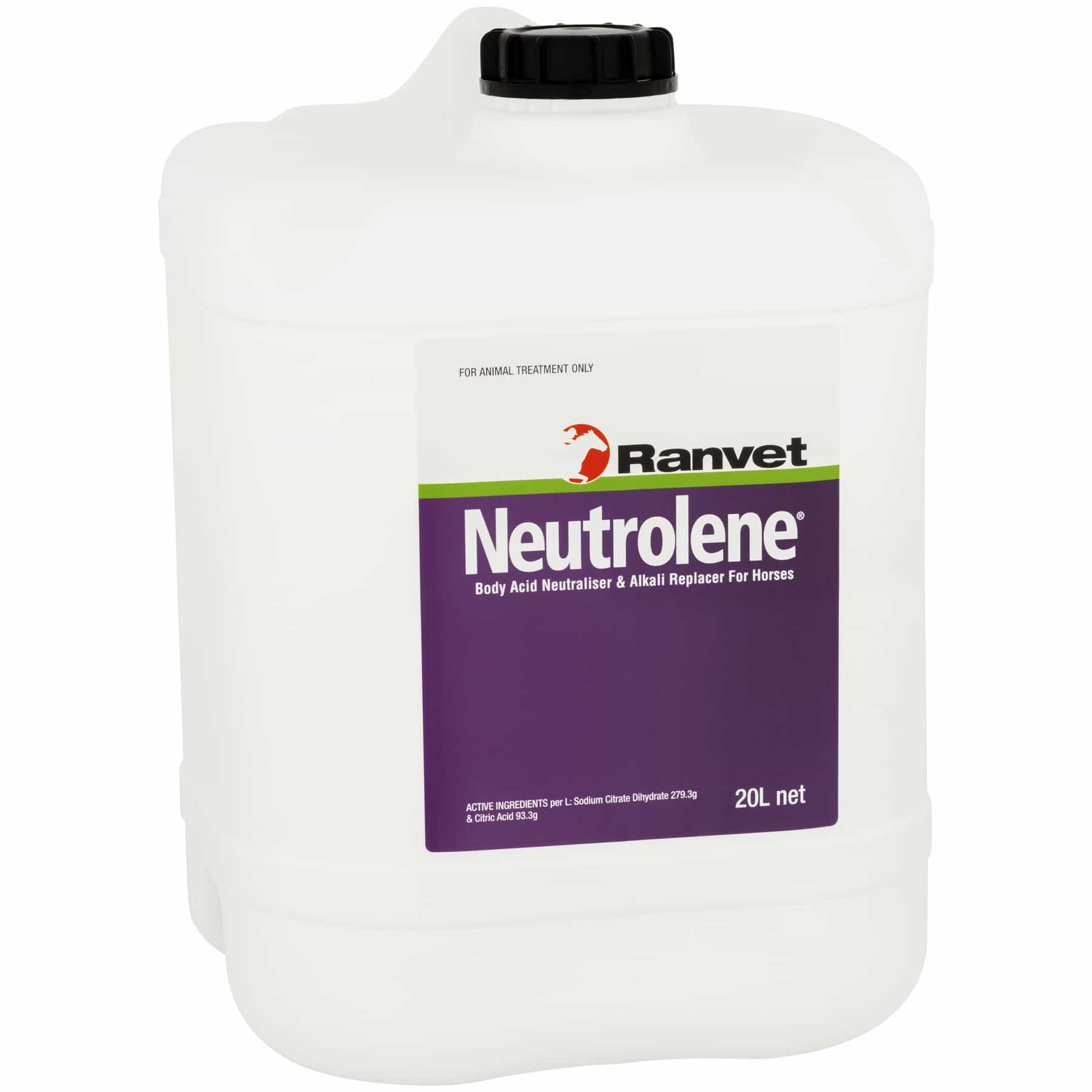 A white container labeled 'Ranvet Neutrolene' in Persian and English, indicating it is a body acid neutralizer and alkali reserve replacer for horses, in a 20 liter size. Available with Nice Equestrian Wukair Doha Qatar. Ranvet Supplements for horses and camels