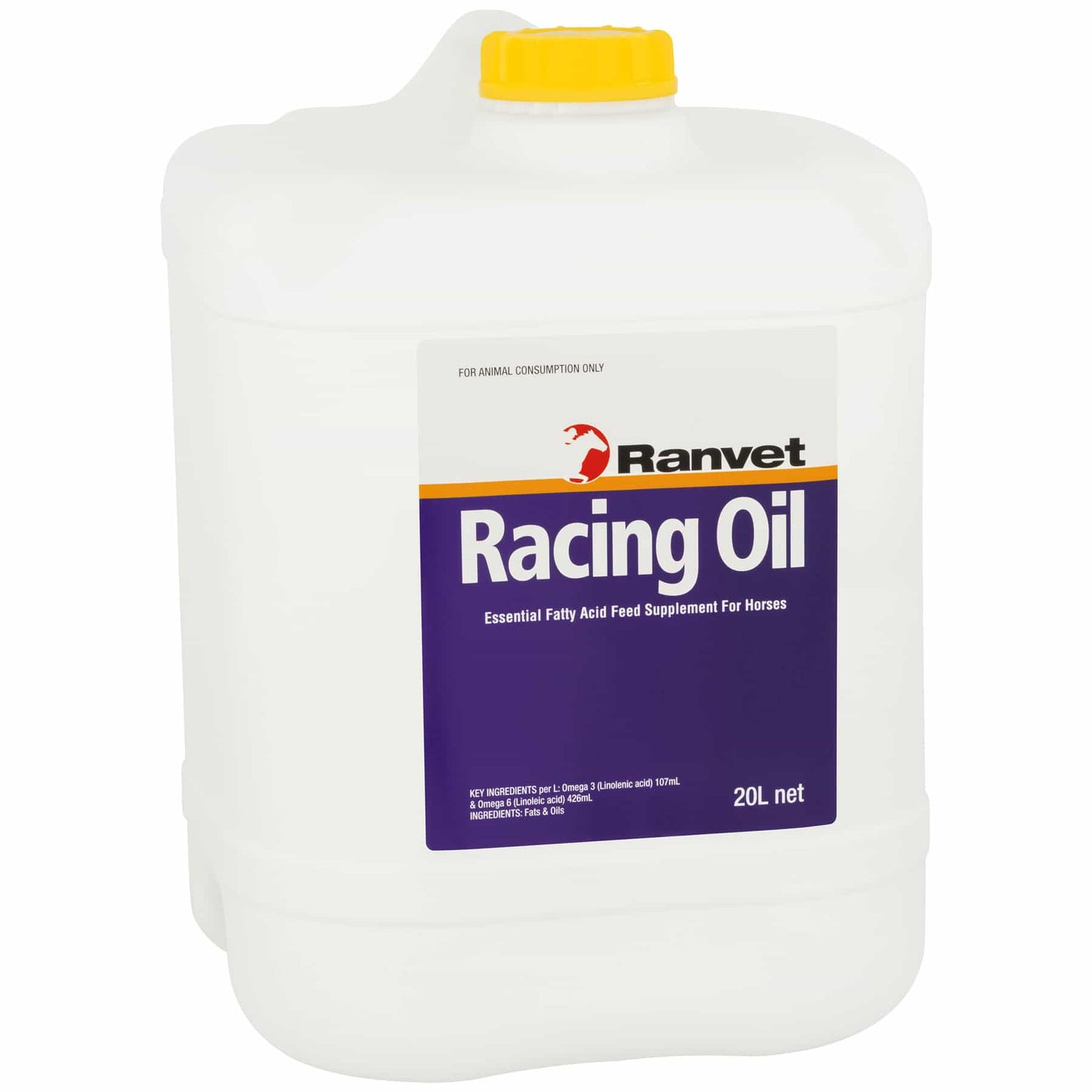 A 20-liter container of Ranvet Racing Oil, which is a supplement for horses. The container is white with a label that has the brand name, product name, and a brief description. Available with Nice Equestrian Wukair Doha Qatar. Ranvet Supplements for horses and camels