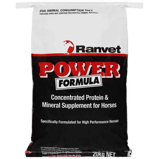 A bag of Ranvet Power Formula, which is a concentrated protein and mineral supplement for horses, weighing 20 kg. Available with Nice Equestrian Wukair Doha Qatar. Ranvet Supplements for horses and camels