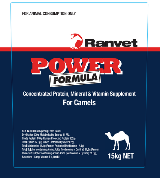 Bag of Ranvet Power Formula concentrate, for animal consumption only, weighing 15kg with key ingredients listed on the package.