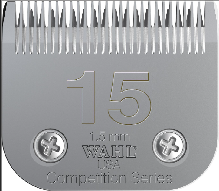 A close-up of the 15th blade from the front, showing the size and shape, with '1.5mm' and 'Wahl USA' marked on it, indicating its medium fine grade and competition series.
A Lister product.
Available with Nice Equestrian Wukair Doha Qatar.