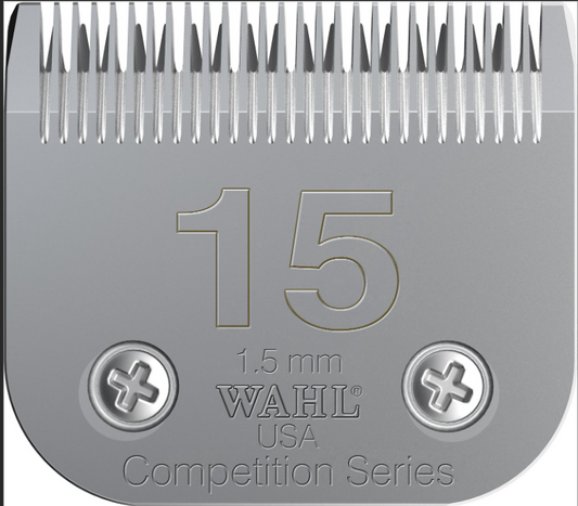 A close-up of the 15th blade from the front, showing the size and shape, with '1.5mm' and 'Wahl USA' marked on it, indicating its medium fine grade and competition series.
A Lister product.
Available with Nice Equestrian Wukair Doha Qatar.