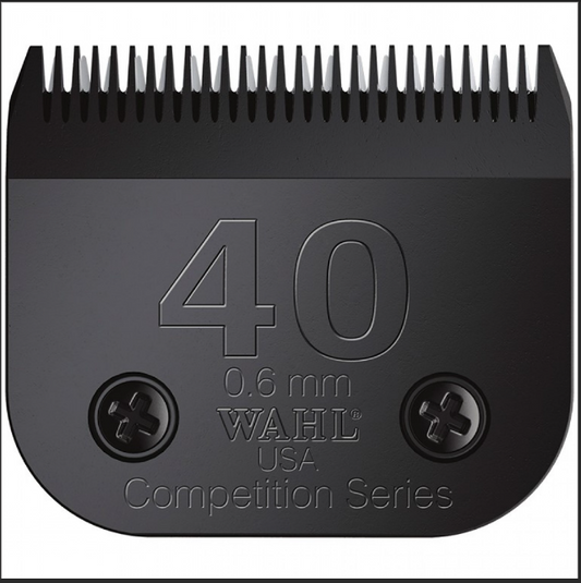 A black Wahl Competition Series replacement clipper blade with the number 40 and a 0.6 mm marking, indicating its cutting length.
A Lister product.
Available with Nice Equestrian Wukair Doha Qatar.