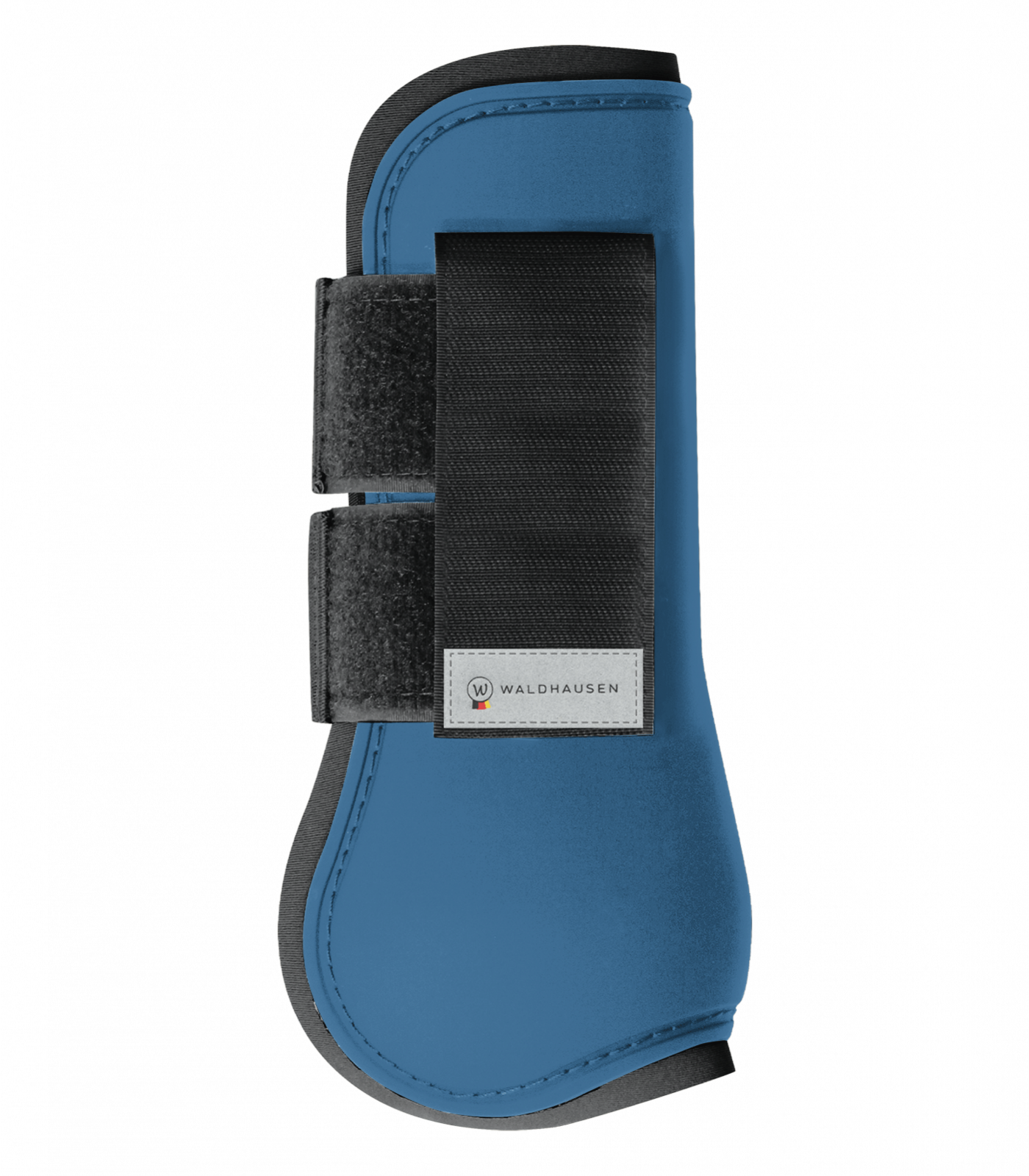 A blue horse tendon boot with black straps and a hard shell exterior, designed for leg protection.