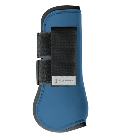 A blue horse tendon boot with black straps and a hard shell exterior, designed for leg protection.