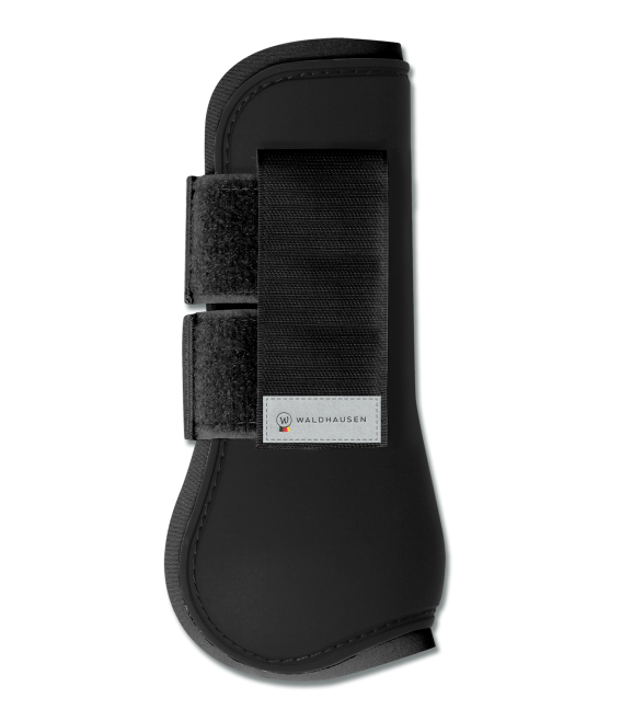 A black horse tendon boot with black straps and a hard-shell exterior, designed for leg protection