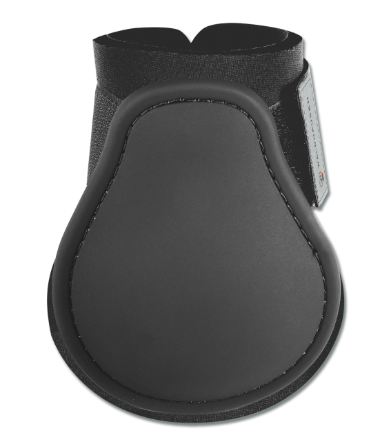 A black horse fetlock boot with a wide elastic strap for ensuring a perfect fit.