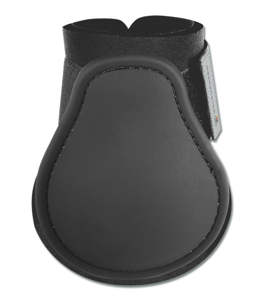 A black horse fetlock boot with a wide elastic strap for ensuring a perfect fit.