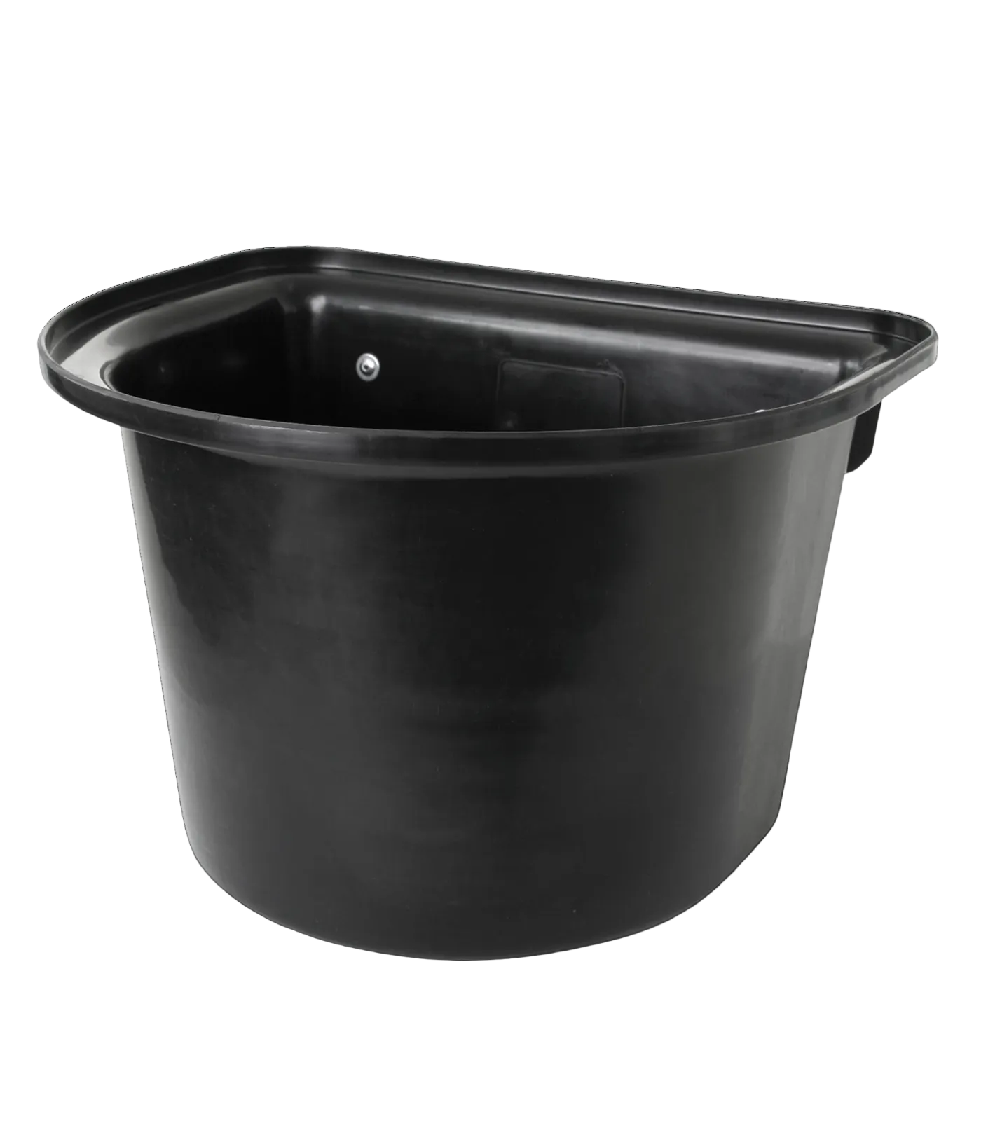 Black plastic horse feeder hanging over a door bracket.
