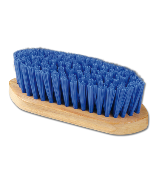 A medium strong synthetic bristled mane brush with a wooden handle.
