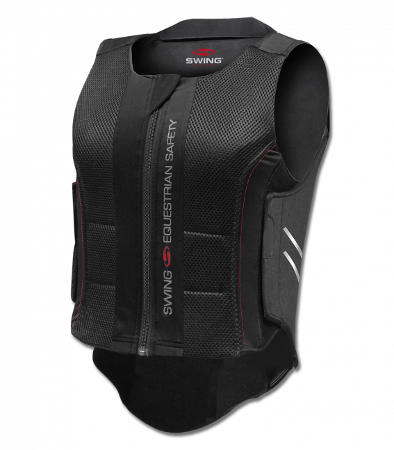 An adult-sized black Swing P07 back protector with spine protection, featuring zip and touch tape fasteners.