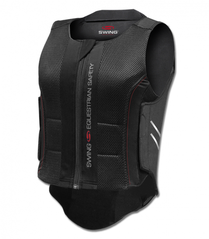 An adult-sized black Swing P07 back protector with spine protection, featuring zip and touch tape fasteners.