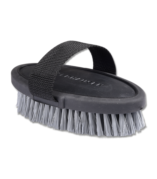 A black horse grooming brush with synthetic leather on the back and metal bristles.