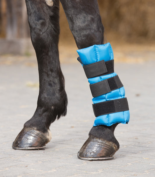 A horse wearing blue ice boot gel bandages on its front legs.
