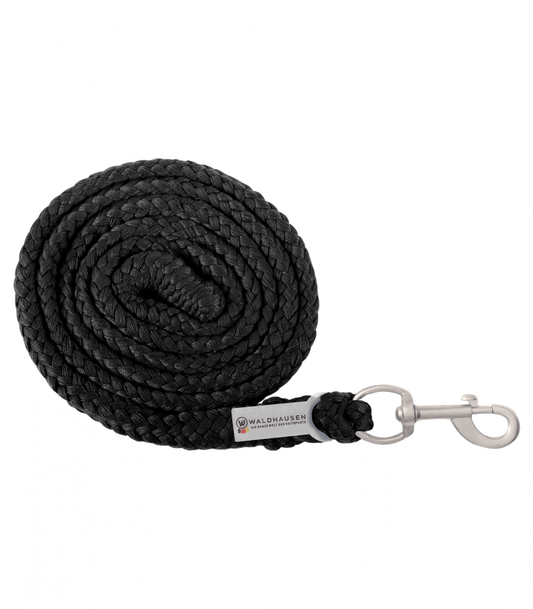 A black lead rope with a metal snap hook, typically used for horse handling.