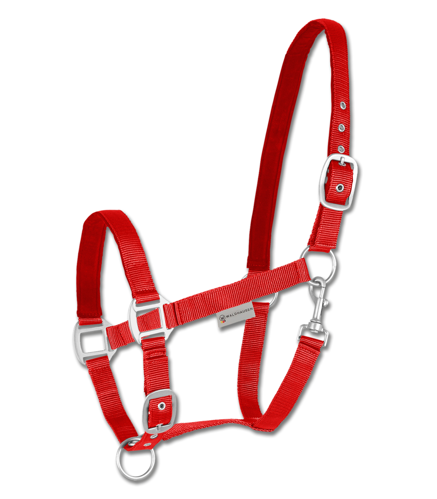 A red satin halter with adjustable straps and solid fittings, designed for horses.