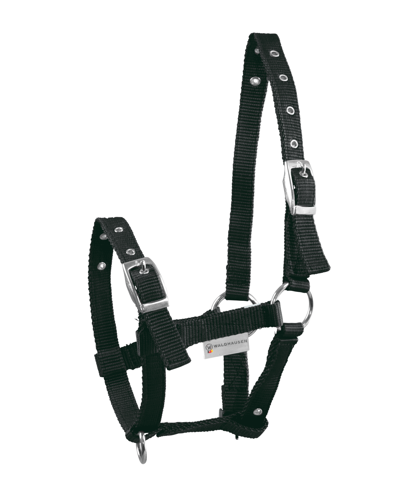 A black foal halter with silver-colored nickel-plated fittings, adjustable at head piece, noseband, and throat lash.