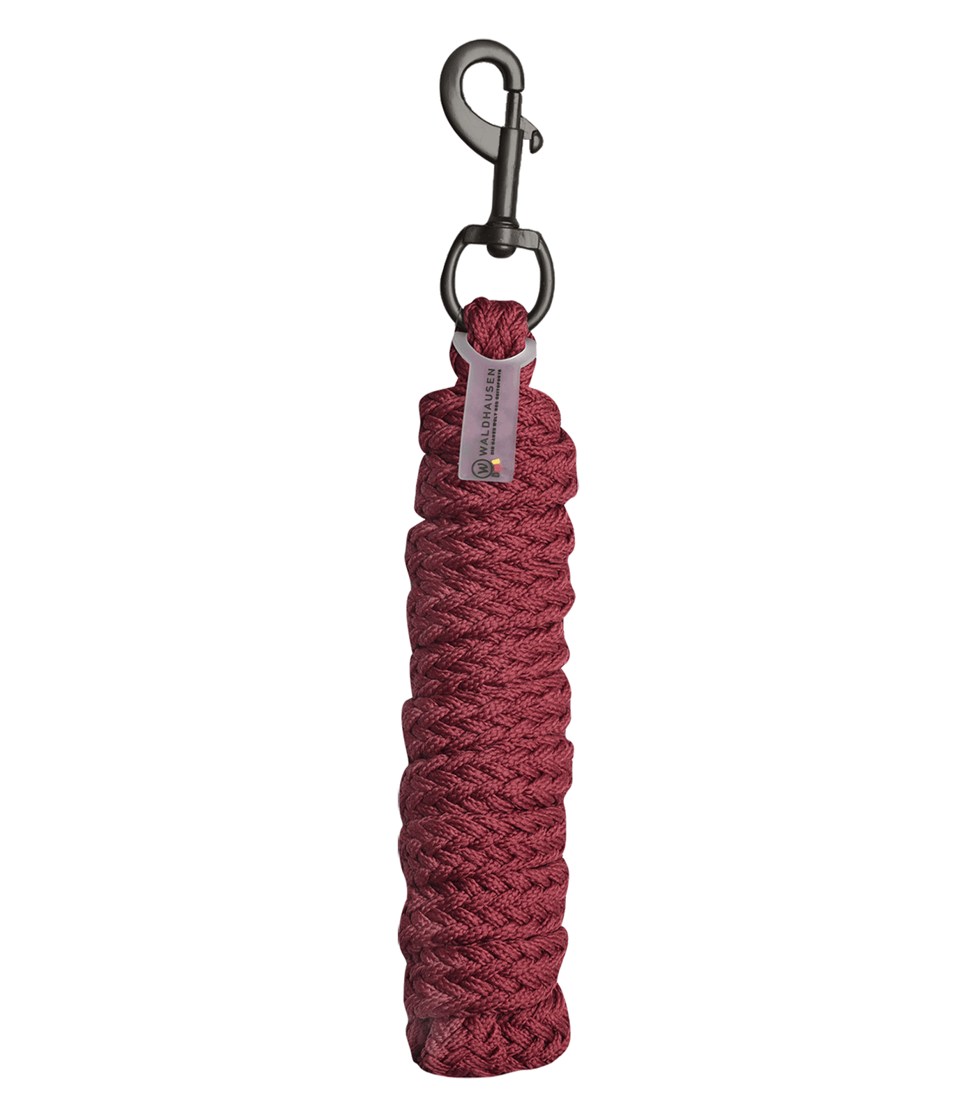 A red lead rope with a dark spring snap, typically used for horse handling.