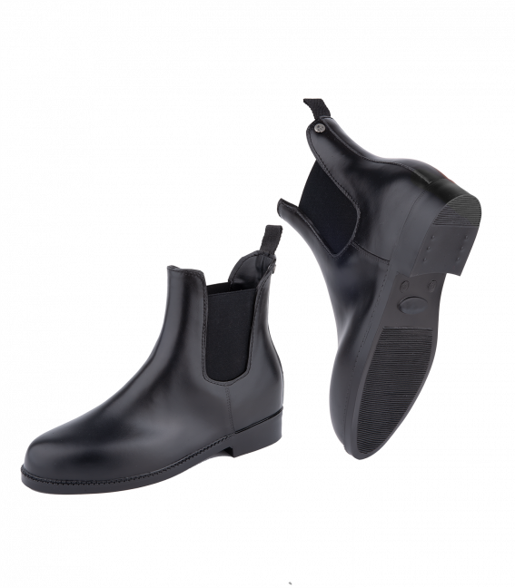 A pair of black Chelsea Jodhpur boots with elastic side panels and a non-slip sole, designed for equestrian activities.