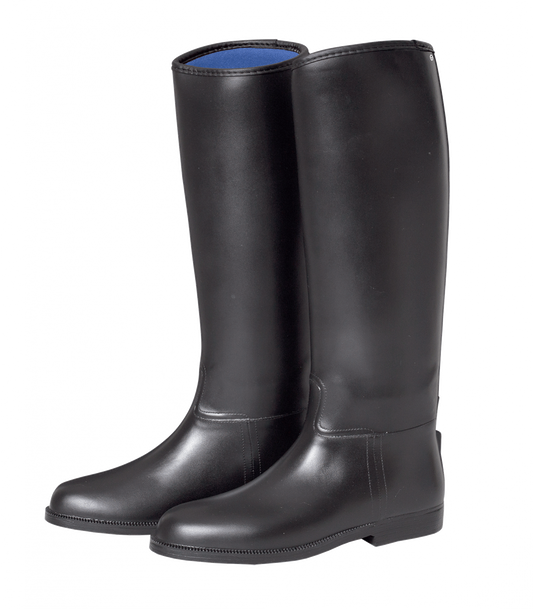 A pair of black, riding boots with a smooth texture, featuring a non-slip sole and a blue lining at the top.