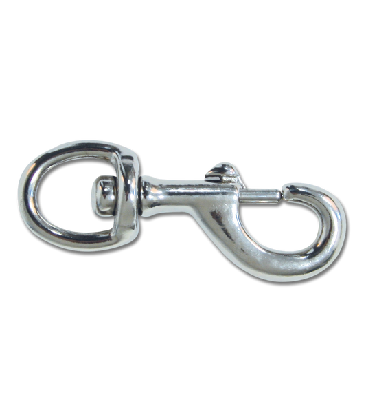 A silver metal snap hook designed for lead rope use in equestrian activities.