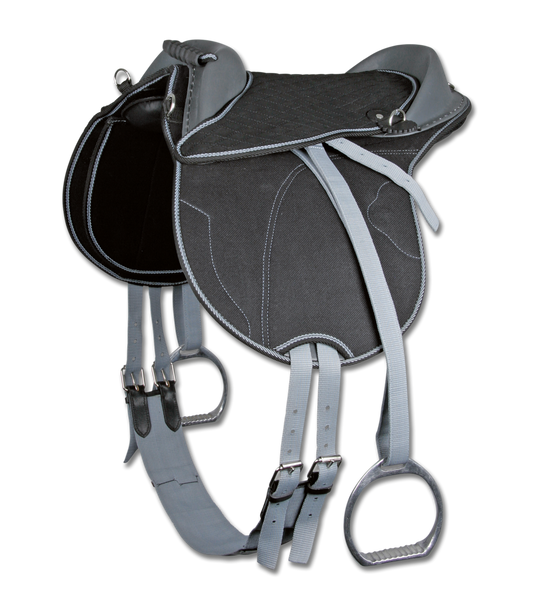 Children's black riding pad with non-slip rubberised grab strap, hardwearing nylon straps, and front and back cut for a good seat.