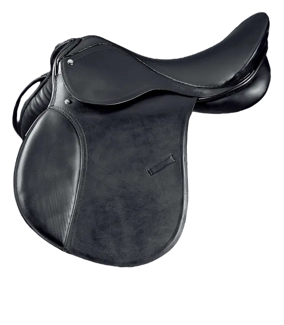 A black general purpose saddle designed for riding disciplines, featuring a medium deep seat and spring tree structure.