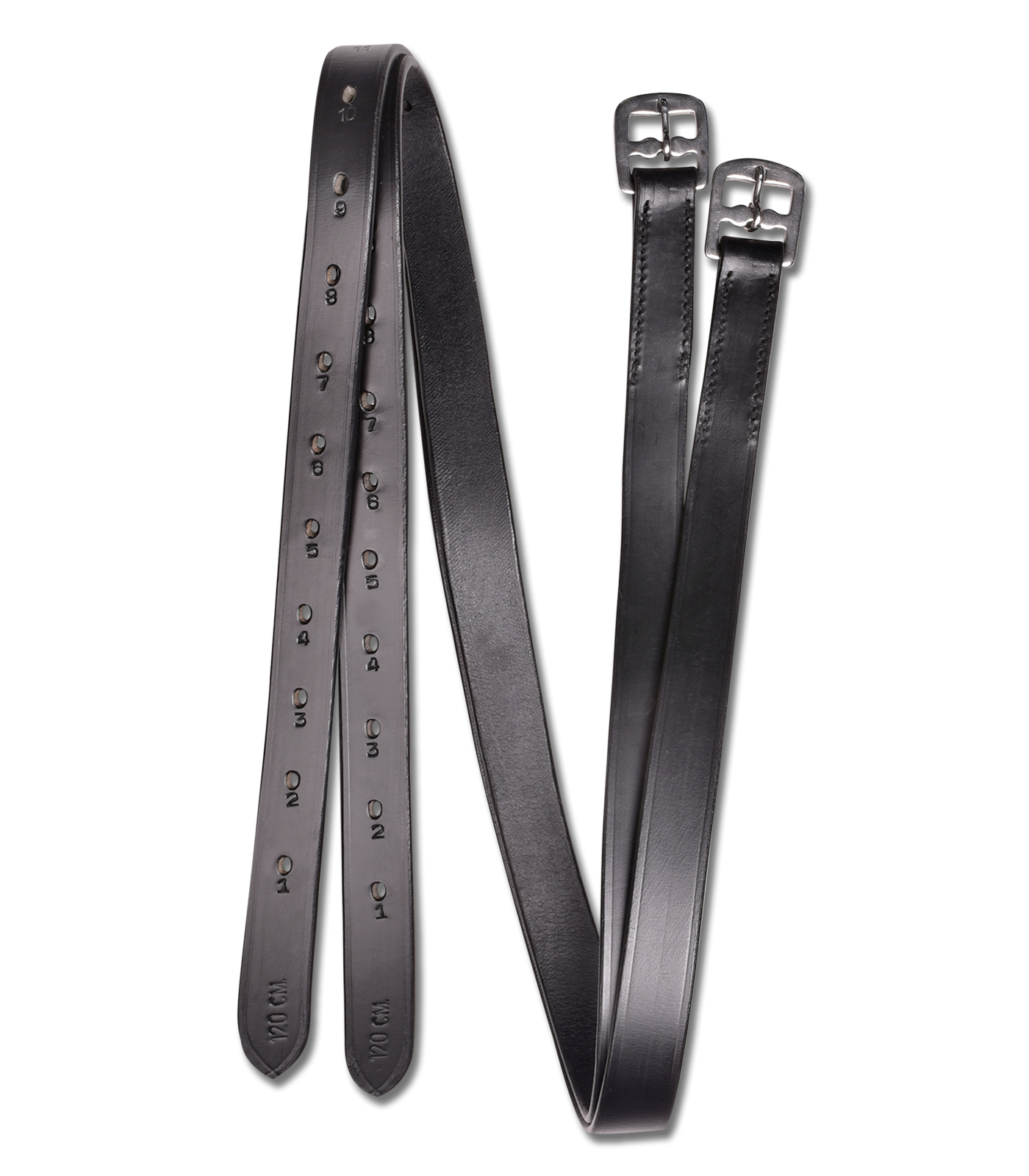 A pair of black leather stirrup leathers with sturdy buckles, laid out on a plain background.