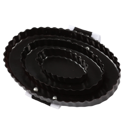 A metal curry comb with a black handle and white textile hand loop.
