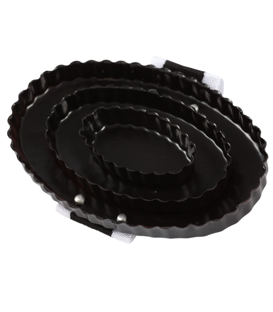 A metal curry comb with a black handle and white textile hand loop.